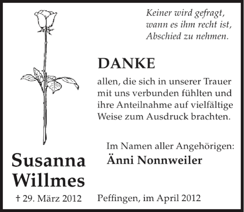  Traueranzeige für Susanna Willmes vom 25.04.2012 aus WochenSpiegel