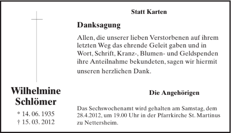  Traueranzeige für Wilhelmine Schlömer vom 25.04.2012 aus WochenSpiegel