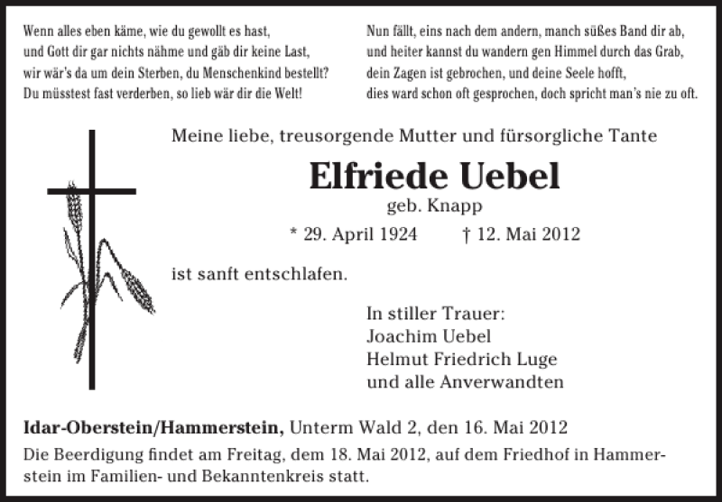  Traueranzeige für Elfriede Uebel vom 16.05.2012 aus WochenSpiegel