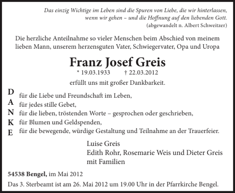  Traueranzeige für Franz Josef Greis vom 23.05.2012 aus WochenSpiegel