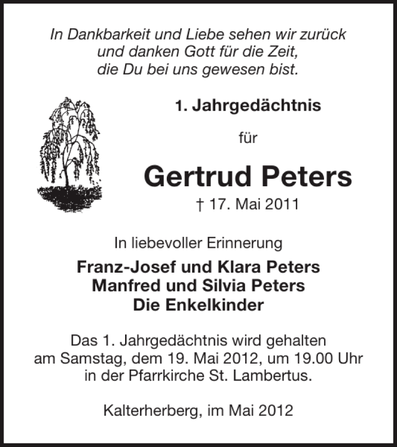  Traueranzeige für Gertrud Peters vom 09.05.2012 aus WochenSpiegel