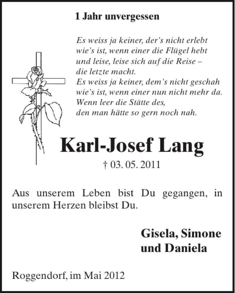  Traueranzeige für Karl-Josef Lang vom 02.05.2012 aus WochenSpiegel