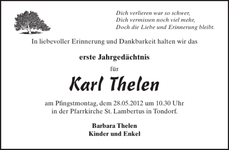  Traueranzeige für Karl Thelen vom 16.05.2012 aus WochenSpiegel