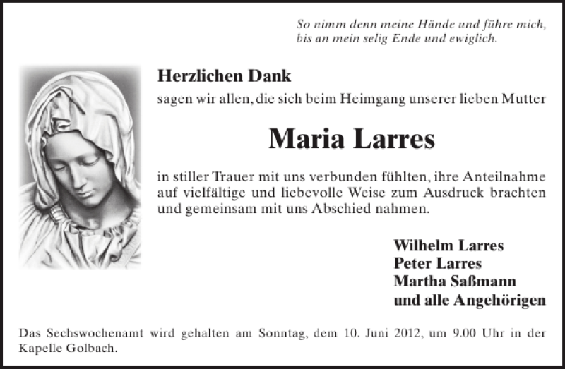  Traueranzeige für Maria Larres vom 30.05.2012 aus WochenSpiegel
