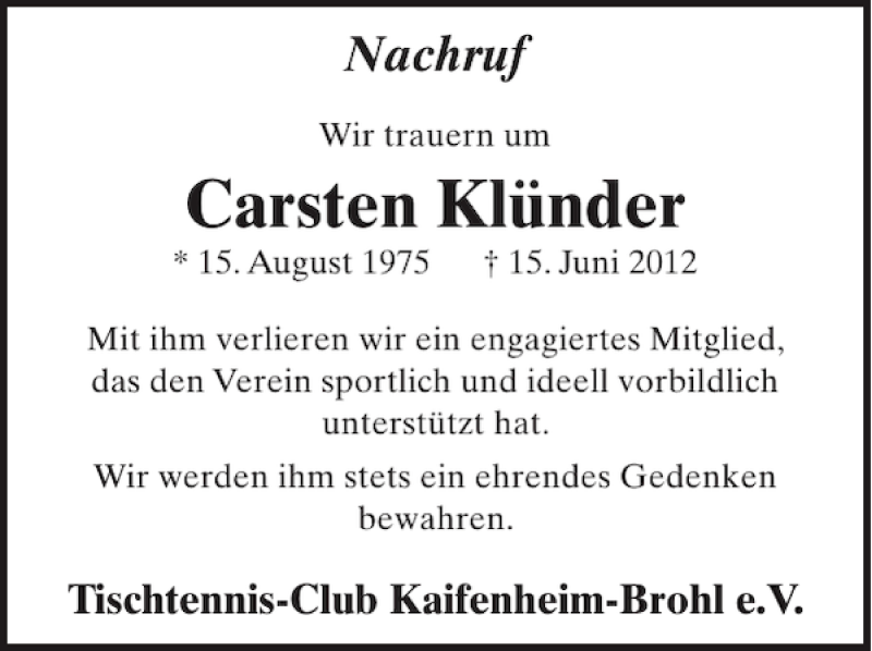  Traueranzeige für Carsten Klünder vom 27.06.2012 aus WochenSpiegel