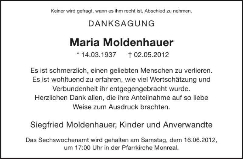  Traueranzeige für Maria Moldenhauer vom 13.06.2012 aus WochenSpiegel