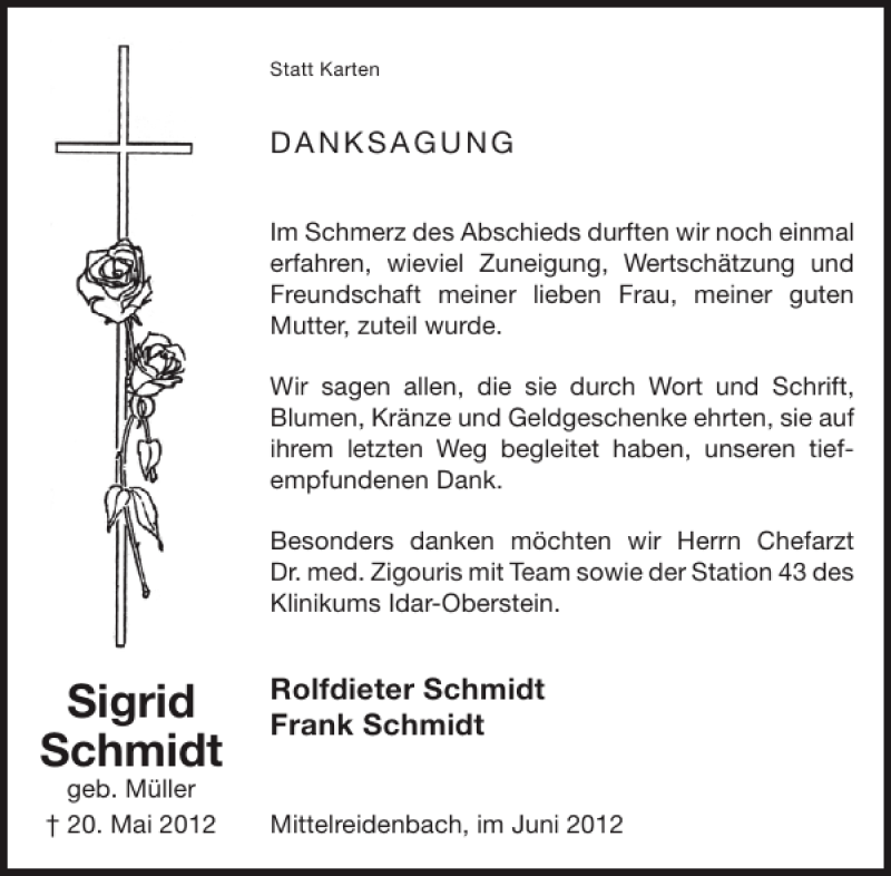  Traueranzeige für Sigrid Schmidt vom 13.06.2012 aus WochenSpiegel