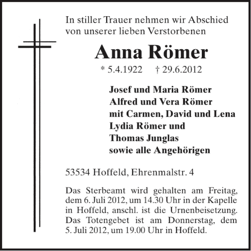  Traueranzeige für Anna Römer vom 04.07.2012 aus WochenSpiegel