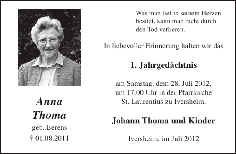  Traueranzeige für Anna Thoma vom 18.07.2012 aus WochenSpiegel