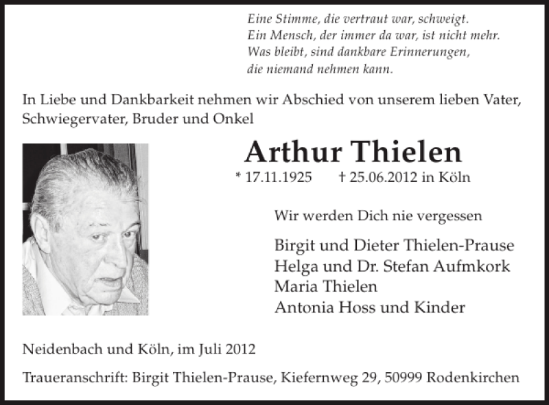  Traueranzeige für Arthur Thielen vom 04.07.2012 aus WochenSpiegel