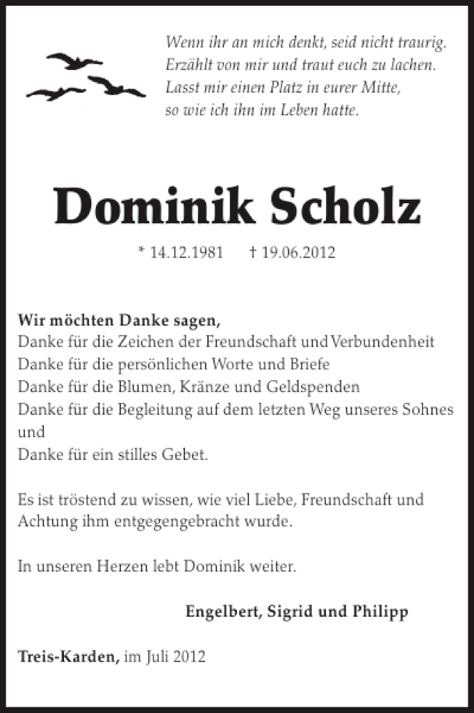  Traueranzeige für Dominik Scholz vom 25.07.2012 aus WochenSpiegel