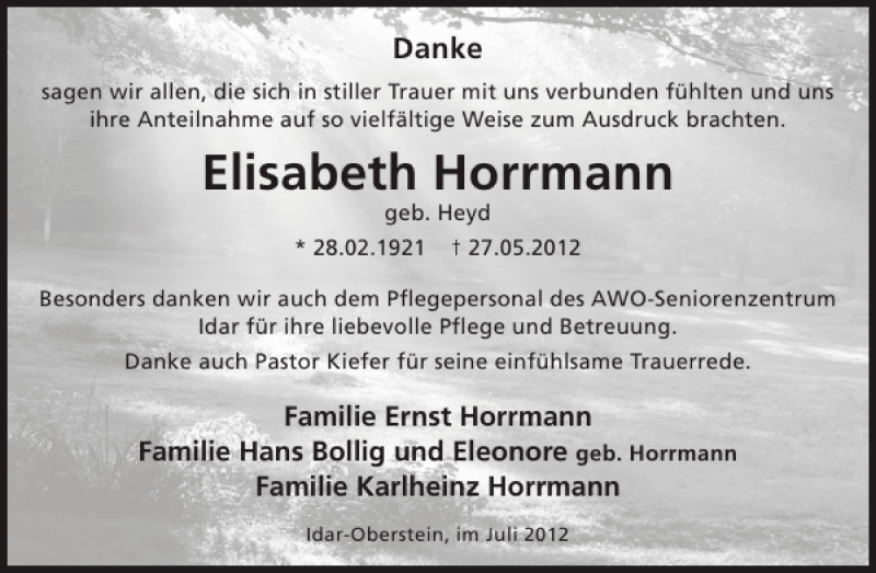  Traueranzeige für Elisabeth Horrmann vom 04.07.2012 aus WochenSpiegel