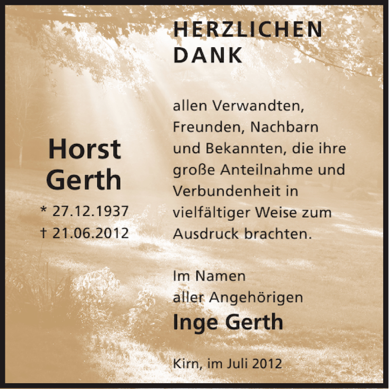  Traueranzeige für Horst Gerth vom 25.07.2012 aus WochenSpiegel