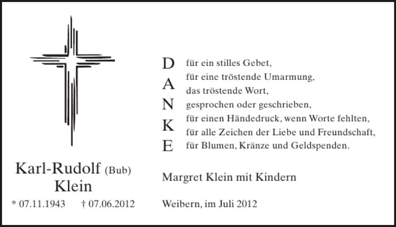  Traueranzeige für Karl-Rudolf Klein vom 11.07.2012 aus WochenSpiegel