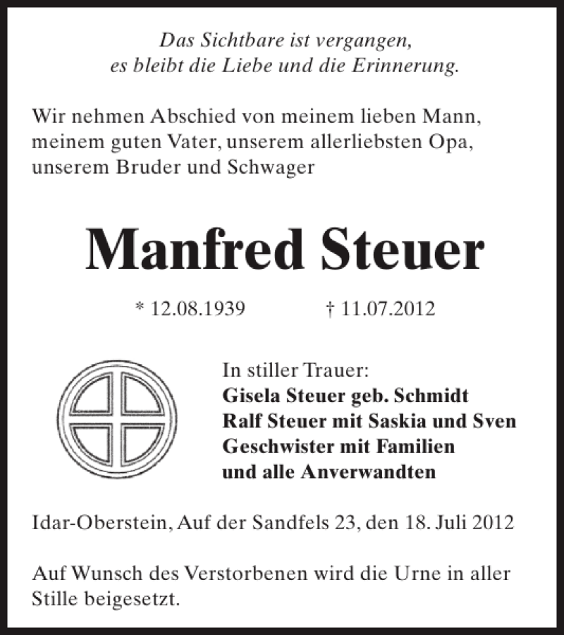  Traueranzeige für Manfred Steuer vom 18.07.2012 aus WochenSpiegel