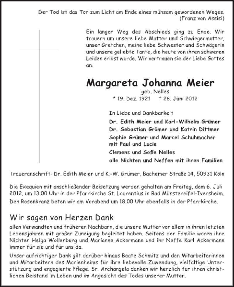  Traueranzeige für Margareta Johanna Meier vom 04.07.2012 aus WochenSpiegel