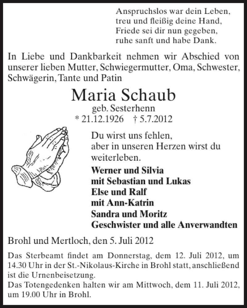  Traueranzeige für Maria Schaub vom 11.07.2012 aus WochenSpiegel
