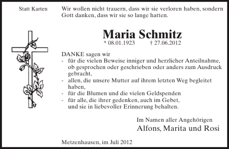  Traueranzeige für Maria Schmitz vom 18.07.2012 aus WochenSpiegel