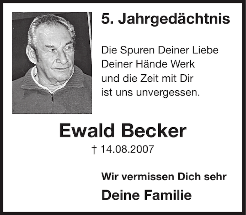  Traueranzeige für Ewald Becker vom 15.08.2012 aus WochenSpiegel