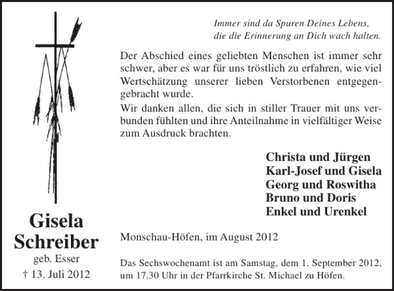  Traueranzeige für Gisela Schreiber vom 29.08.2012 aus WochenSpiegel