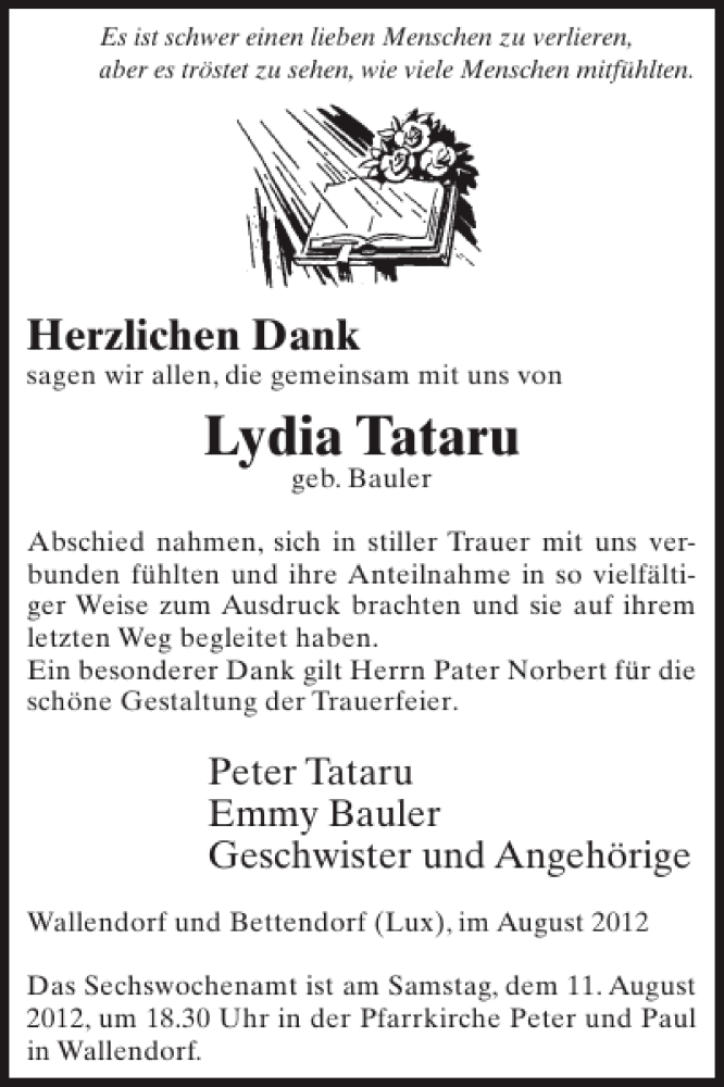  Traueranzeige für Lydia Tataru vom 08.08.2012 aus WochenSpiegel