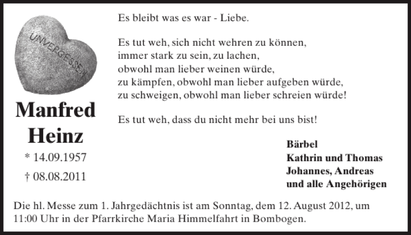  Traueranzeige für Manfred Heinz vom 08.08.2012 aus WochenSpiegel