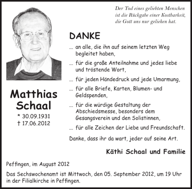  Traueranzeige für Matthias Schaal vom 29.08.2012 aus WochenSpiegel