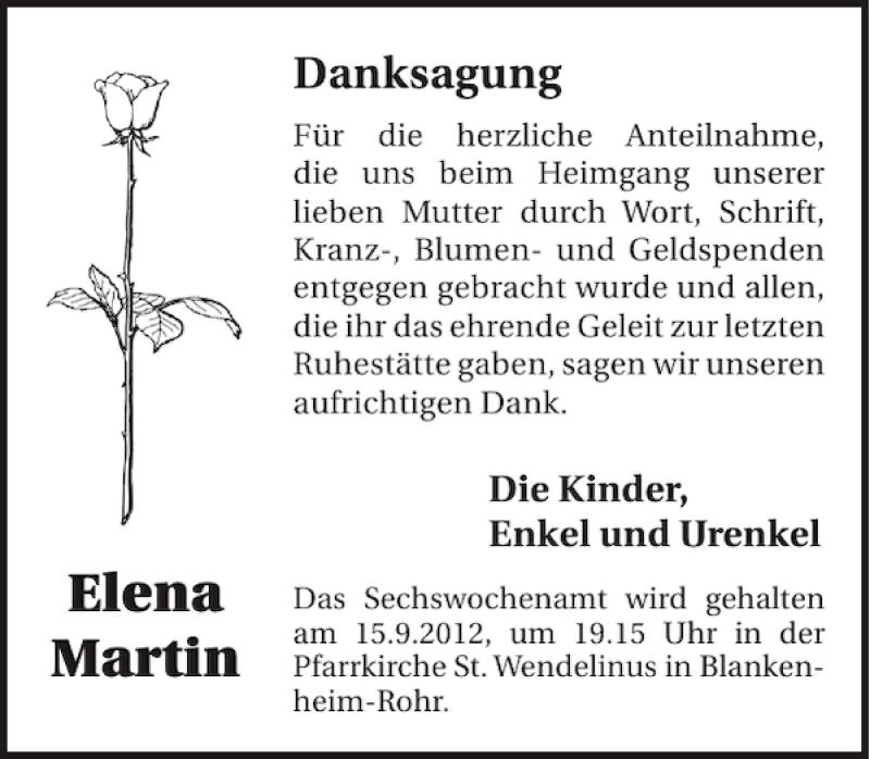 Traueranzeige für Elena Martin vom 12.09.2012 aus WochenSpiegel