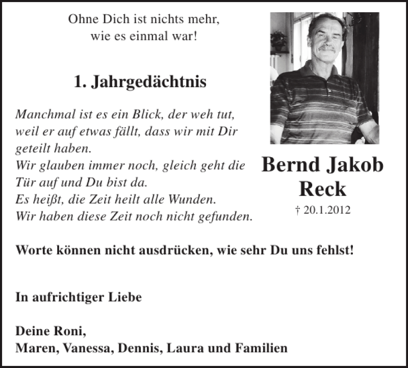  Traueranzeige für Bernd Jakob Reck vom 16.01.2013 aus WochenSpiegel