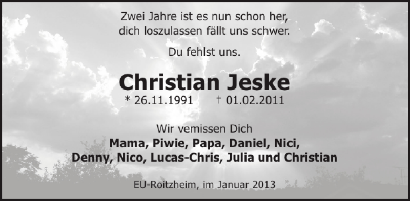  Traueranzeige für Christian Jeske vom 30.01.2013 aus WochenSpiegel