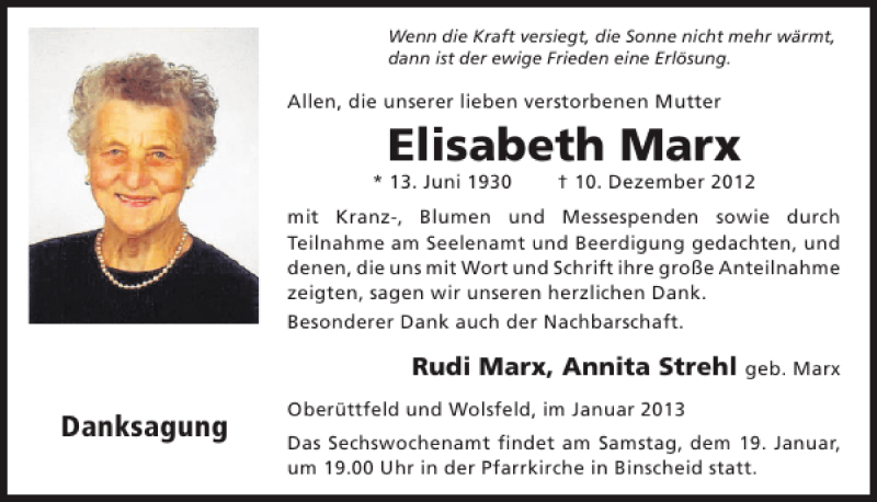  Traueranzeige für Elisabeth Marx vom 16.01.2013 aus WochenSpiegel