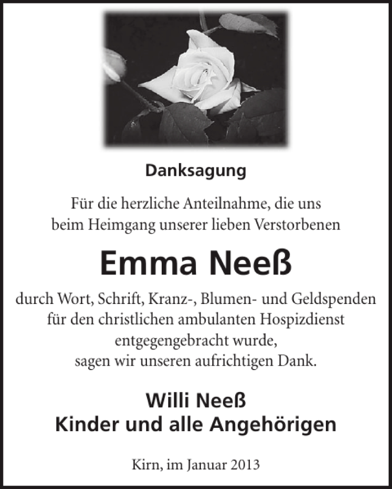  Traueranzeige für Emma Neeß vom 23.01.2013 aus WochenSpiegel