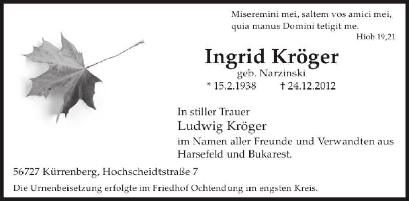  Traueranzeige für Ingrid Kröger vom 09.01.2013 aus WochenSpiegel
