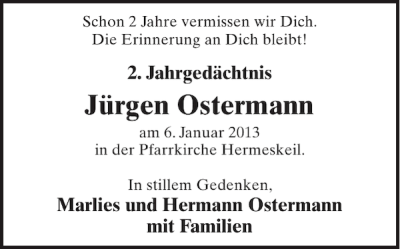  Traueranzeige für Jürgen Ostermann vom 02.01.2013 aus WochenSpiegel