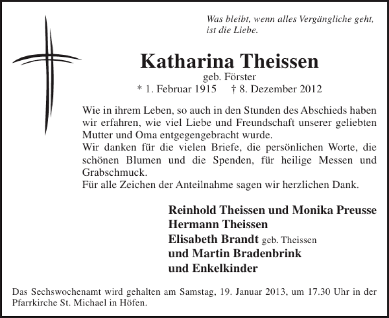  Traueranzeige für Katharina Theissen vom 09.01.2013 aus WochenSpiegel