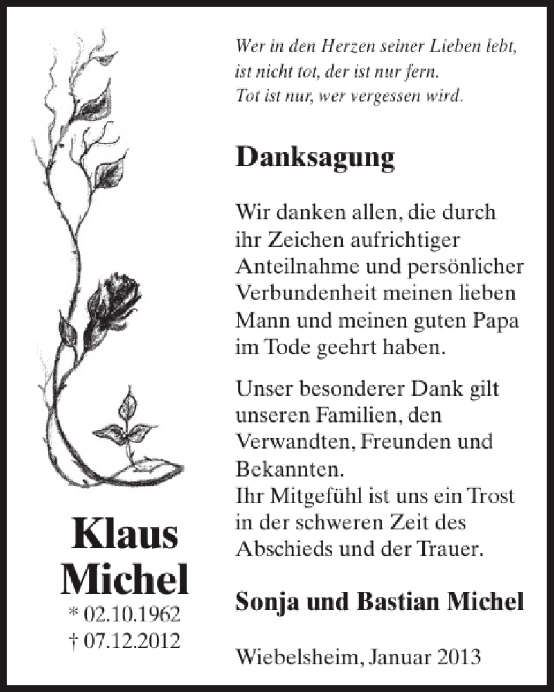  Traueranzeige für Klaus Michel vom 23.01.2013 aus WochenSpiegel
