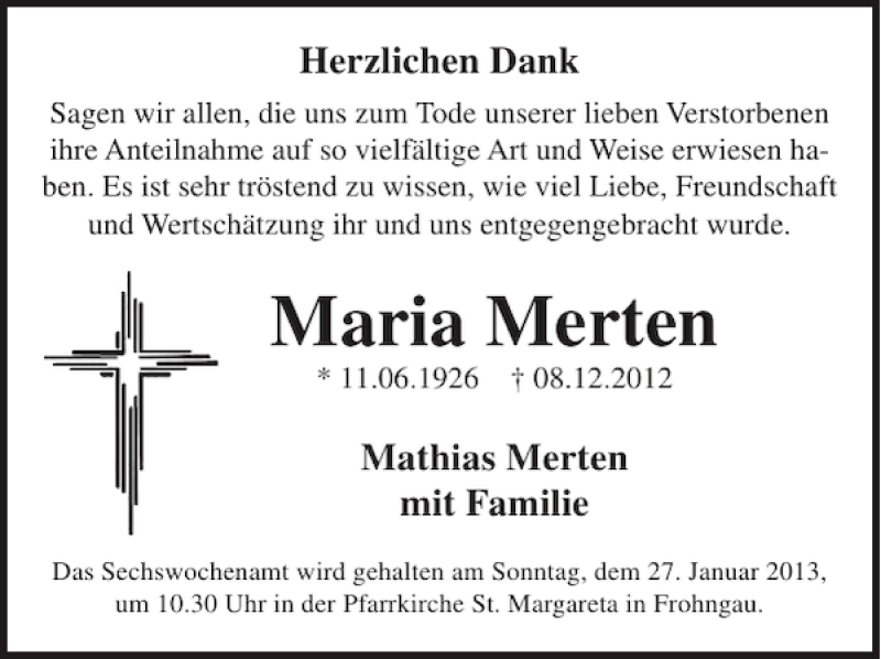  Traueranzeige für Maria Merten vom 23.01.2013 aus WochenSpiegel