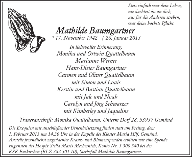  Traueranzeige für Monika und Ortwin Quattelbaum vom 30.01.2013 aus WochenSpiegel