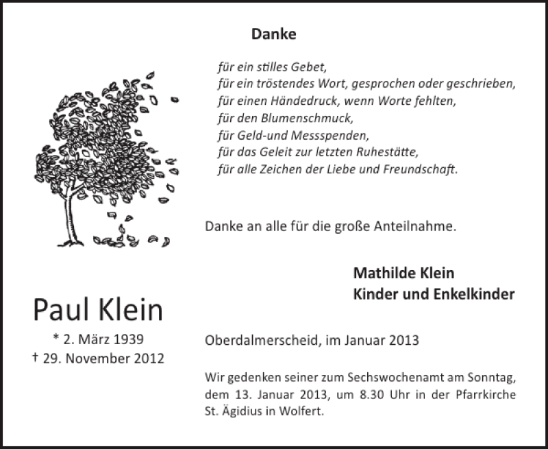  Traueranzeige für Paul Klein vom 02.01.2013 aus WochenSpiegel