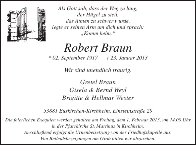  Traueranzeige für Robert Braun vom 30.01.2013 aus WochenSpiegel