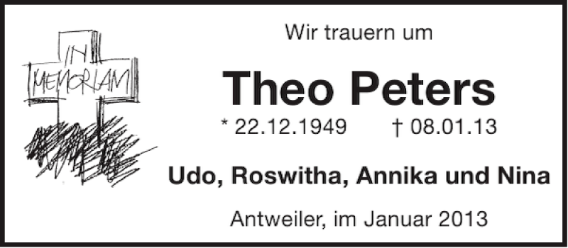  Traueranzeige für Theo Peters vom 16.01.2013 aus WochenSpiegel