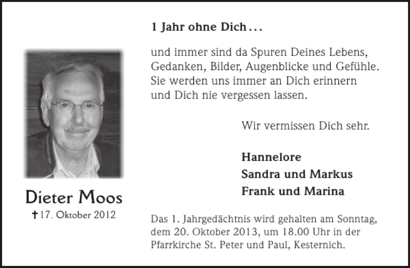  Traueranzeige für Dieter Moos vom 16.10.2013 aus WochenSpiegel