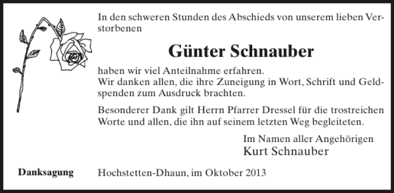  Traueranzeige für Günter Schnauber vom 16.10.2013 aus WochenSpiegel
