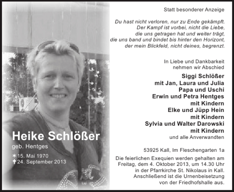  Traueranzeige für Heike Schlößer vom 02.10.2013 aus WochenSpiegel