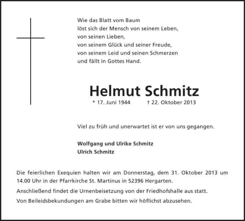  Traueranzeige für Helmut Schmitz vom 30.10.2013 aus WochenSpiegel