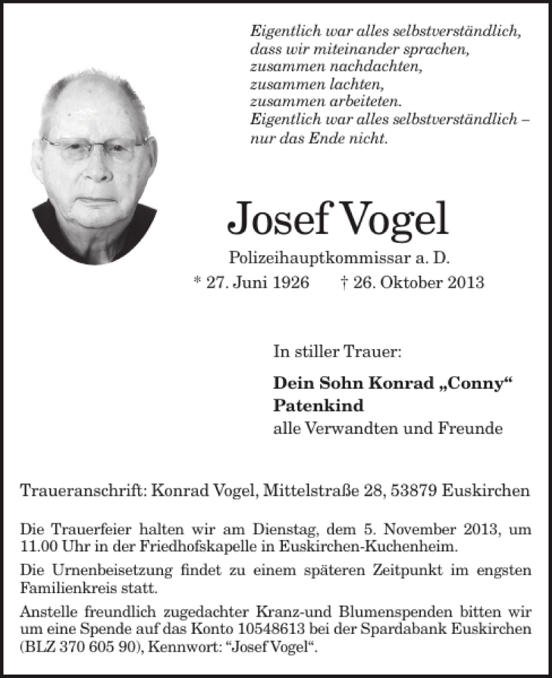  Traueranzeige für Josef Vogel vom 30.10.2013 aus WochenSpiegel