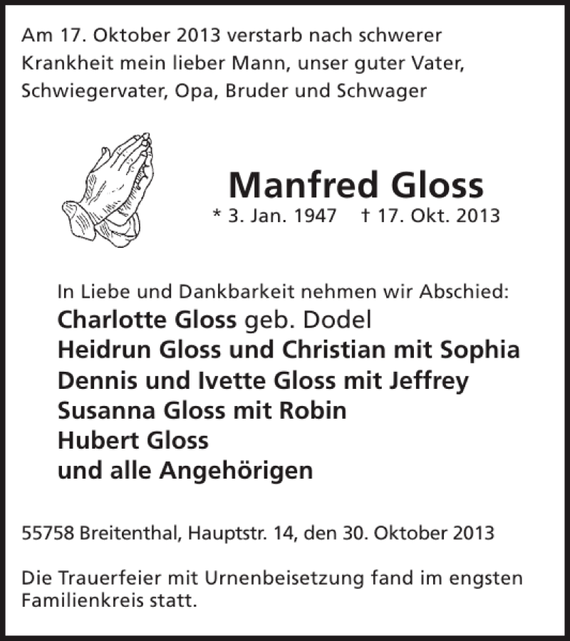  Traueranzeige für Manfred Gloss vom 30.10.2013 aus WochenSpiegel