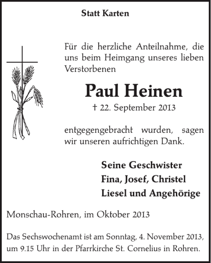  Traueranzeige für Paul Heinen vom 23.10.2013 aus WochenSpiegel