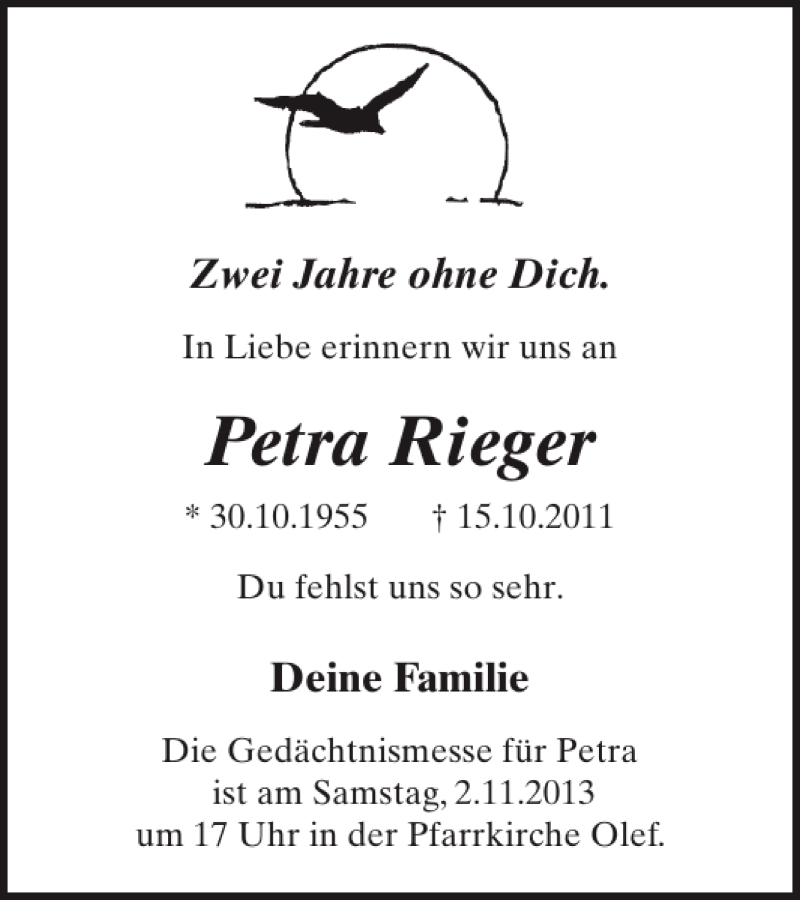  Traueranzeige für Petra Rieger vom 16.10.2013 aus WochenSpiegel