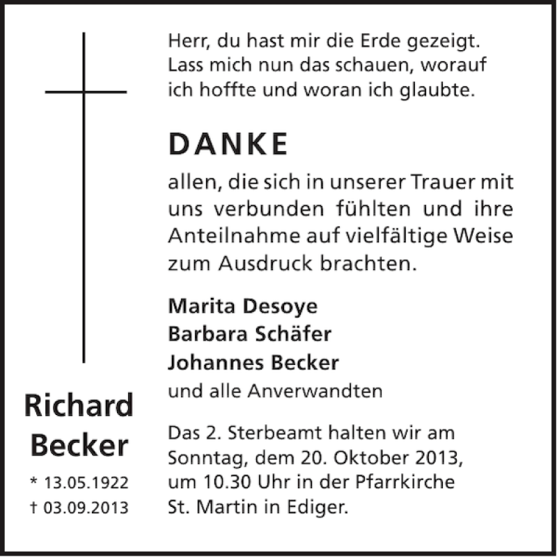  Traueranzeige für Richard Becker vom 16.10.2013 aus WochenSpiegel
